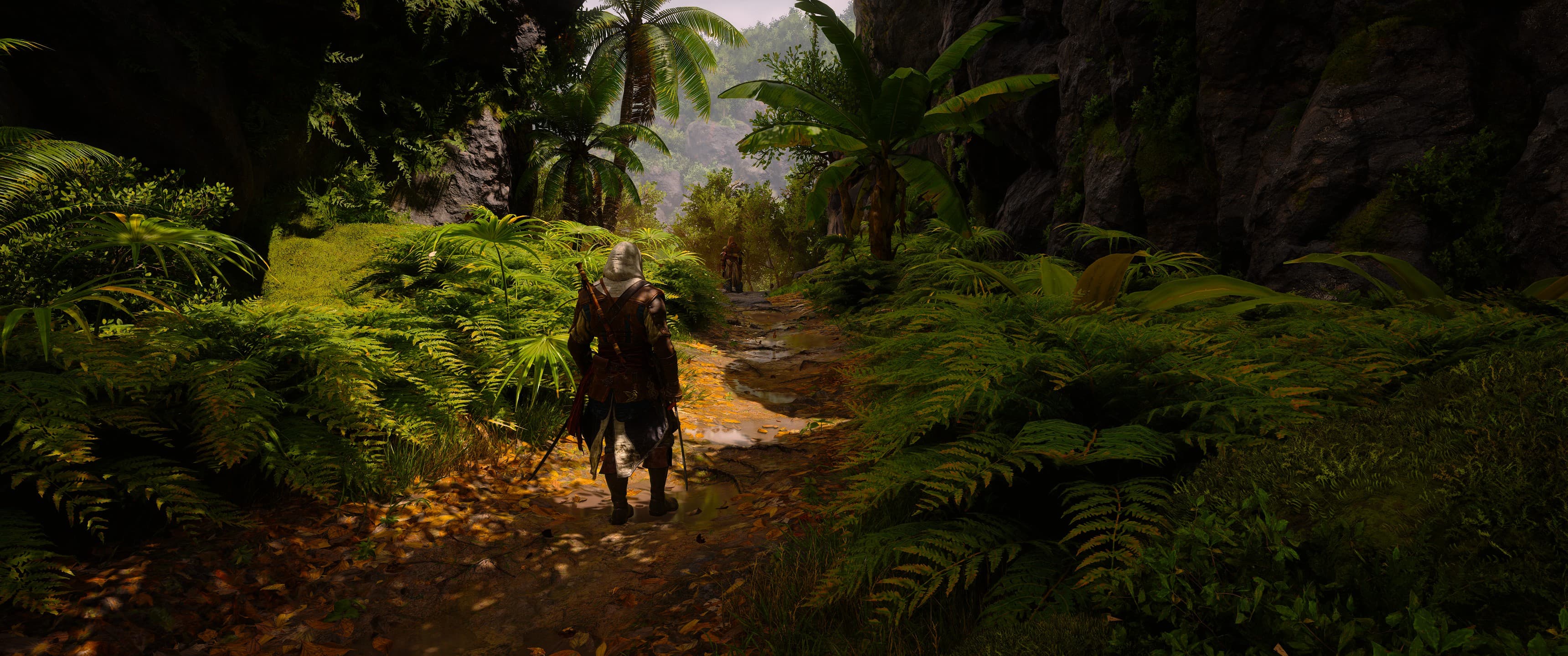 Edward Kenway on a jungle trail between cliffs in Assassin's Creed Black Flag Resynced