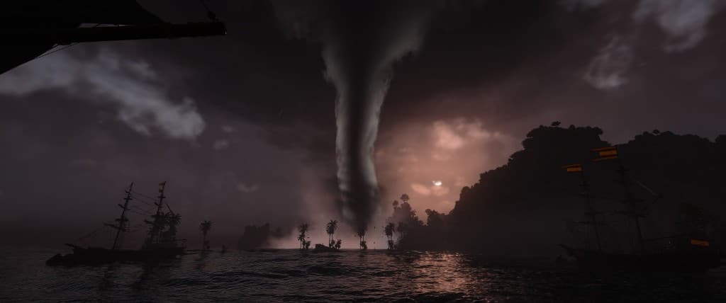 A waterspout over the sea at night with ships silhouetted in Assassin's Creed Black Flag Resynced