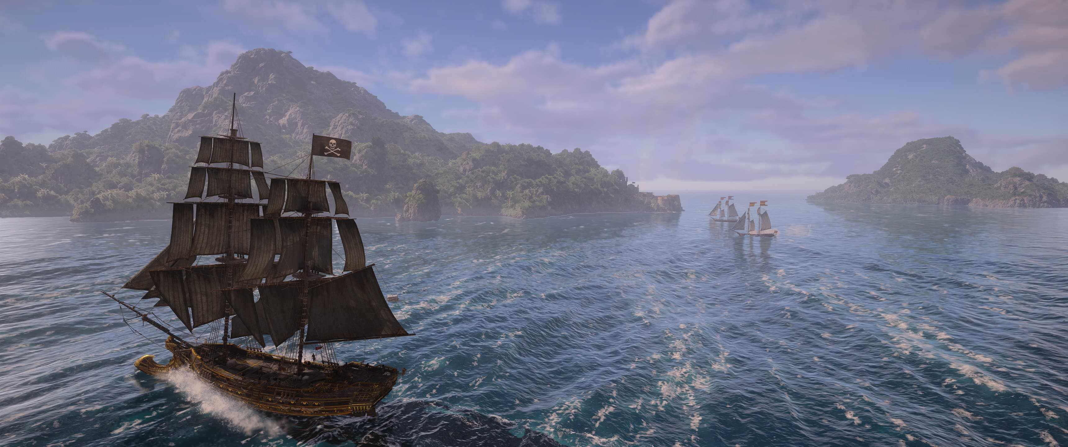 The Jackdaw sailing between tropical islands in Assassin's Creed Black Flag Resynced